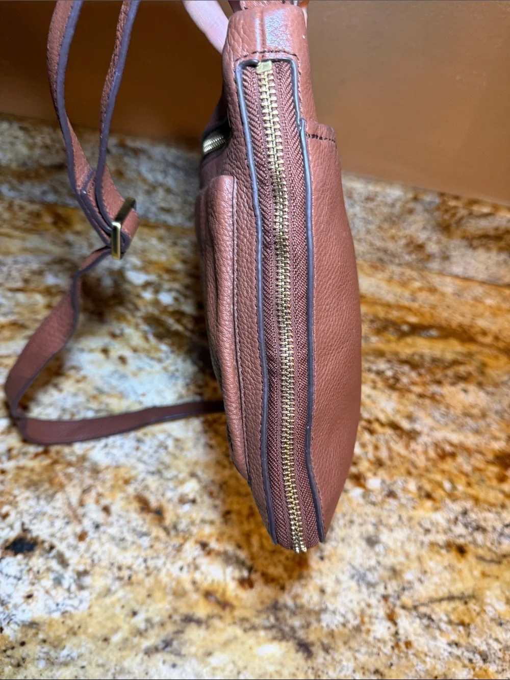Fossil Chestnut Pebbled Leather Messenger Bag